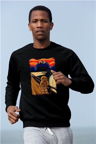 Kurabiye Canavarı Baskılı Unisex Siyah  Sweatshirt