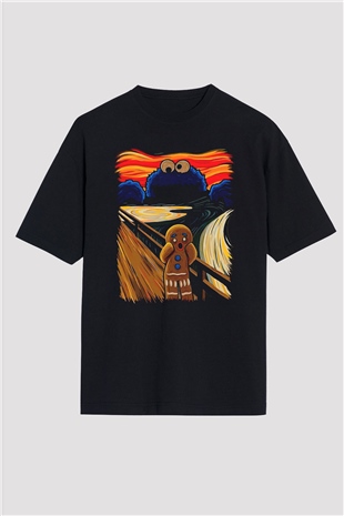 Kurabiye Canavarı Baskılı Oversize Siyah Tshirt