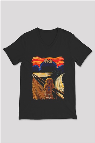Kurabiye Canavarı Baskılı Unisex Siyah  V Yaka Tişört