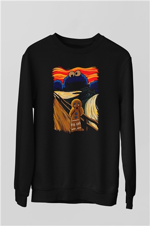 Kurabiye Canavarı Baskılı Unisex Siyah  Sweatshirt