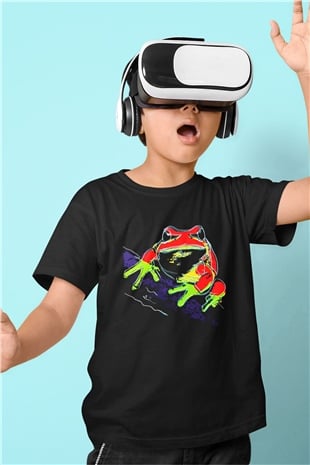 Kurbağa Baskılı Siyah Unisex Çocuk Tişört