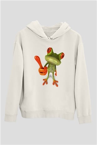 Kurbağa Beyaz Unisex Kapşonlu Sweatshirt