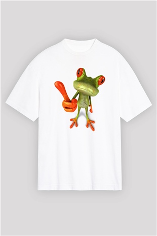 Kurbağa Beyaz Unisex Oversize Tişört T-Shirt