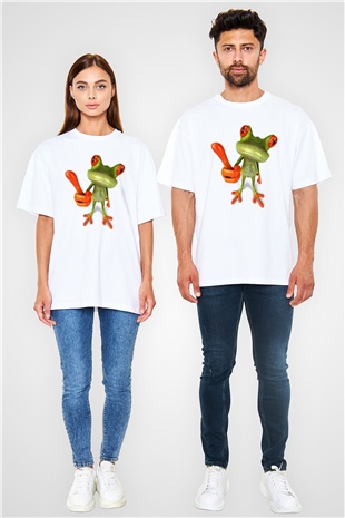 Kurbağa Beyaz Unisex Oversize Tişört T-Shirt