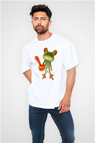 Kurbağa Beyaz Unisex Oversize Tişört T-Shirt