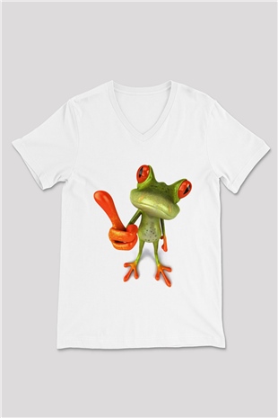 Kurbağa Beyaz Unisex V Yaka Tişört T-Shirt