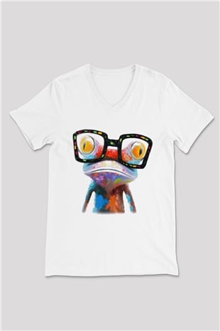 Kurbağa Beyaz Unisex V Yaka Tişört T-Shirt