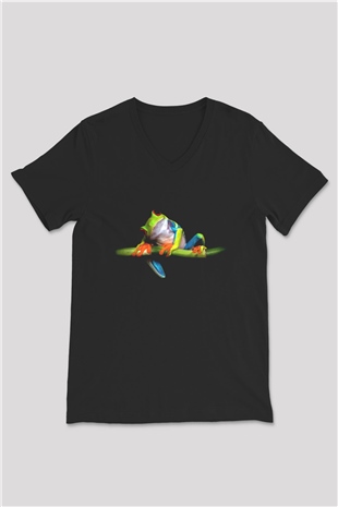 Kurbağa Siyah Unisex V Yaka Tişört