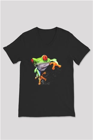 Kurbağa Siyah Unisex V Yaka Tişört T-Shirt