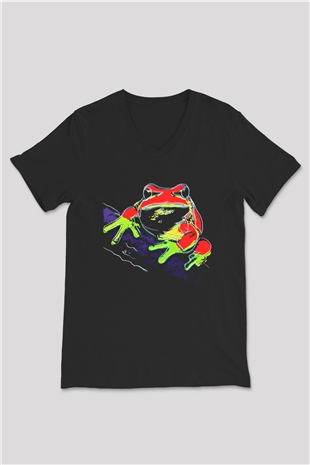Kurbağa Siyah Unisex V Yaka Tişört T-Shirt