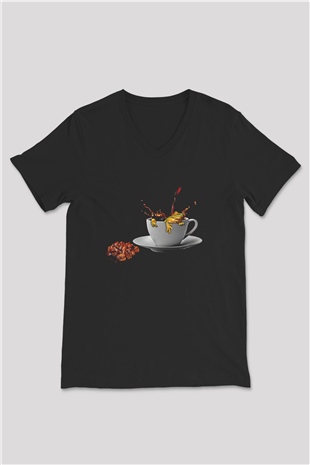 Kurbağa Siyah Unisex V Yaka Tişört T-Shirt