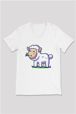 Kurban Bayramı Baskılı Beyaz Unisex V Yaka Tişört - Tshirt