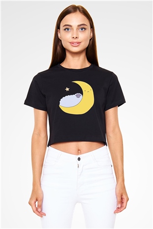 Kurban Bayramı Baskılı Siyah Crop Top Kadın Tişört - Tshirt