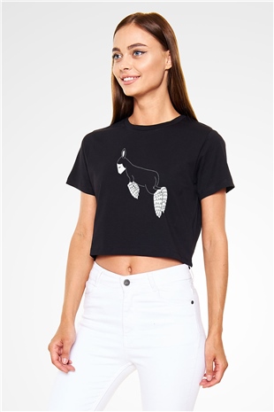Kurban Bayramı Baskılı Siyah Crop Top Kadın Tişört - Tshirt