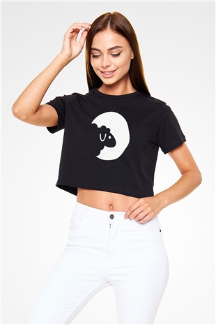Kurban Bayramı Baskılı Siyah Crop Top Kadın Tişört - Tshirt
