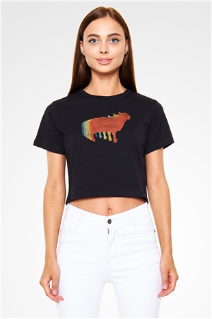 Kurban Bayramı Baskılı Siyah Crop Top Kadın Tişört - Tshirt