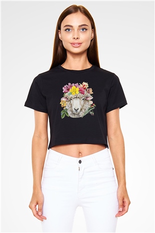 Kurban Bayramı Baskılı Siyah Crop Top Kadın Tişört - Tshirt