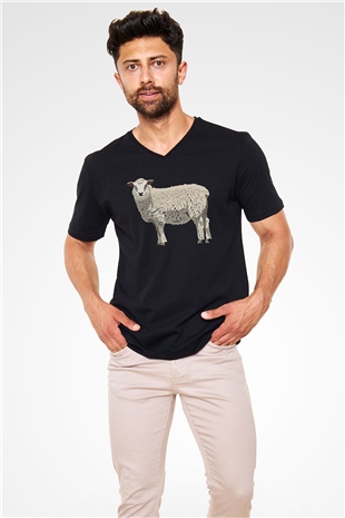 Kurban Bayramı Baskılı Unisex Siyah V Yaka Tişört - Tshirt