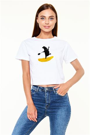 Kürek Baskılı Crop Top Beyaz Tişört - T-shirt