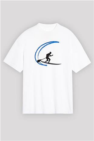 Kürek Baskılı Unisex Beyaz Oversize Tişört - Tshirt