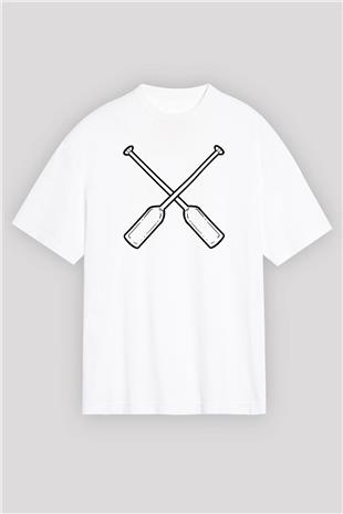 Kürek Baskılı Unisex Beyaz Oversize Tişört - Tshirt