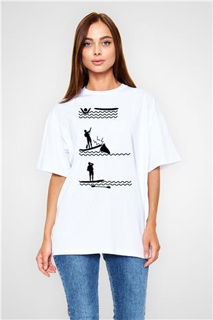Kürek Baskılı Unisex Beyaz Oversize Tişört - Tshirt