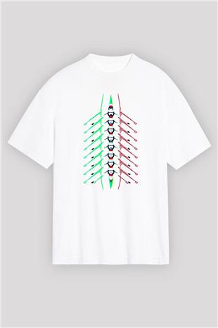 Kürek Baskılı Unisex Beyaz Oversize Tişört - Tshirt