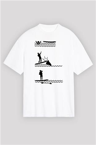 Kürek Baskılı Unisex Beyaz Oversize Tişört - Tshirt