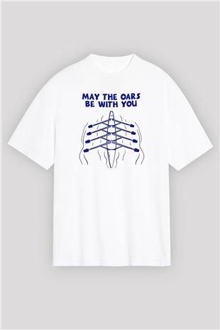 Kürek Baskılı Unisex Beyaz Oversize Tişört - Tshirt