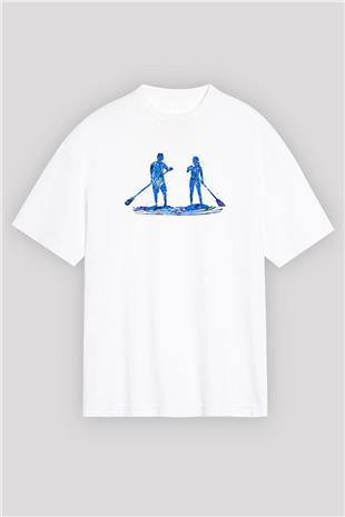 Kürek Baskılı Unisex Beyaz Oversize Tişört - Tshirt