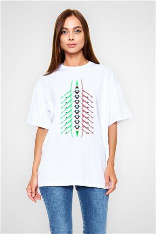 Kürek Baskılı Unisex Beyaz Oversize Tişört - Tshirt