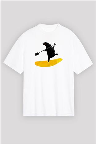Kürek Baskılı Unisex Beyaz Oversize Tişört - Tshirt