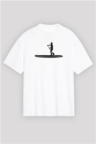 Kürek Baskılı Unisex Beyaz Oversize Tişört - Tshirt