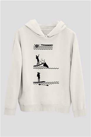 Kürek Baskılı Unisex Ekru Hoodie