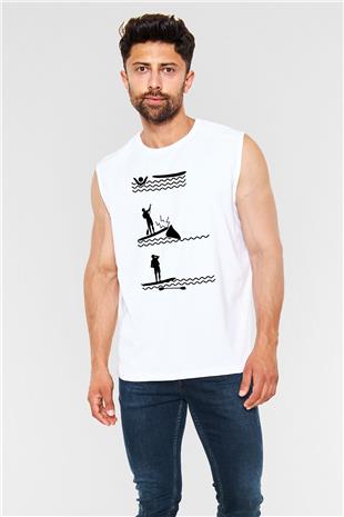 Kürek Baskılı Unisex Kolsuz Beyaz Tişört
