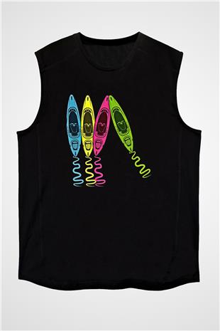 Kürek - Paddle Boarding Baskılı Unisex Siyah Kolsuz Tişört
