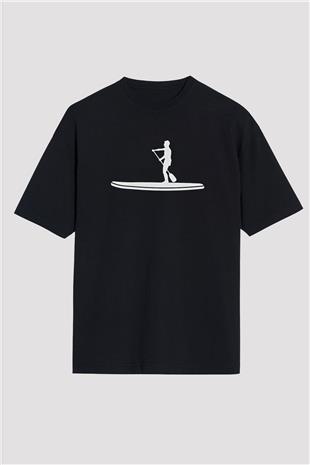 Kürek - Paddle Boarding Baskılı Unisex Siyah Oversize Tişört