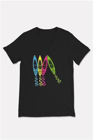 Kürek - Paddle Boarding Baskılı Unisex Siyah V Yaka Tişört