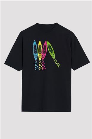 Kürek - Paddle Boarding Baskılı Unisex Siyah Oversize Tişört