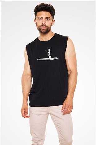 Kürek - Paddle Boarding Baskılı Unisex Siyah Kolsuz Tişört