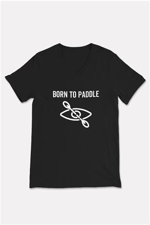 Kürek - Paddle Boarding Baskılı Unisex Siyah V Yaka Tişört