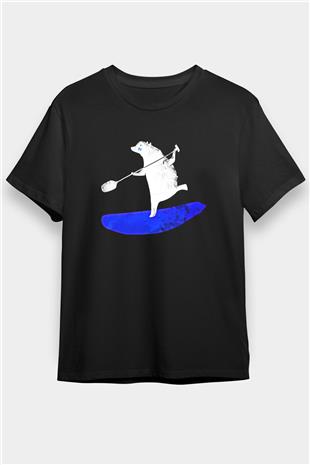 Kürek - Paddle Boarding Baskılı Unisex Siyah Tişört - Tshirt