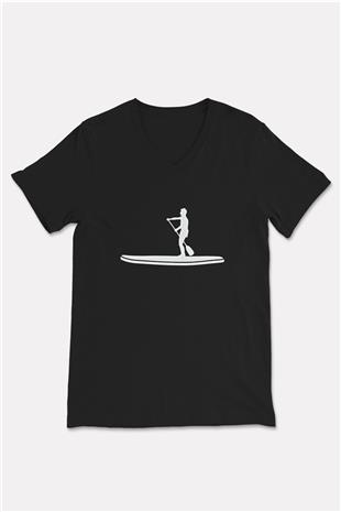 Kürek - Paddle Boarding Baskılı Unisex Siyah V Yaka Tişört