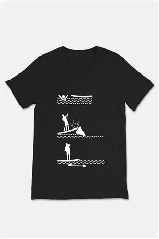 Kürek - Paddle Boarding Baskılı Unisex Siyah V Yaka Tişört
