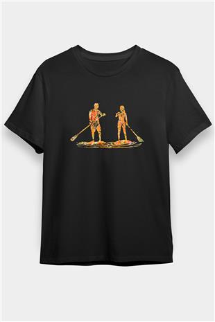 Kürek - Paddle Boarding Baskılı Unisex Siyah Tişört - Tshirt