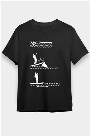 Kürek - Paddle Boarding Baskılı Unisex Siyah Tişört - Tshirt