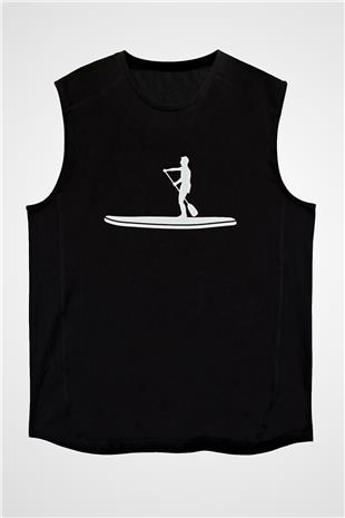 Kürek - Paddle Boarding Baskılı Unisex Siyah Kolsuz Tişört