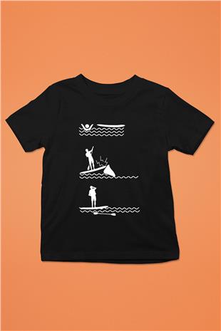 Kürek - Paddle Boarding Baskılı Unisex Siyah Çocuk Tİşörtü - Tshirt