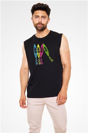 Kürek - Paddle Boarding Baskılı Unisex Siyah Kolsuz Tişört
