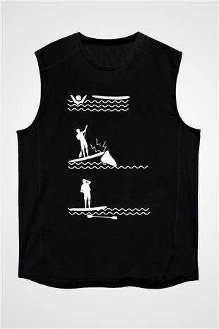 Kürek - Paddle Boarding Baskılı Unisex Siyah Kolsuz Tişört